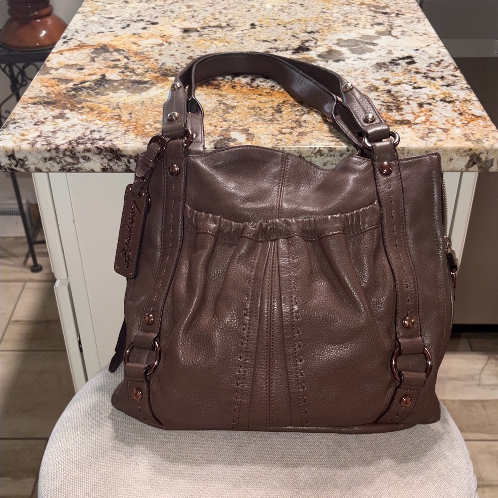 Leather Shoulder Tote in Brown with Gathered Front